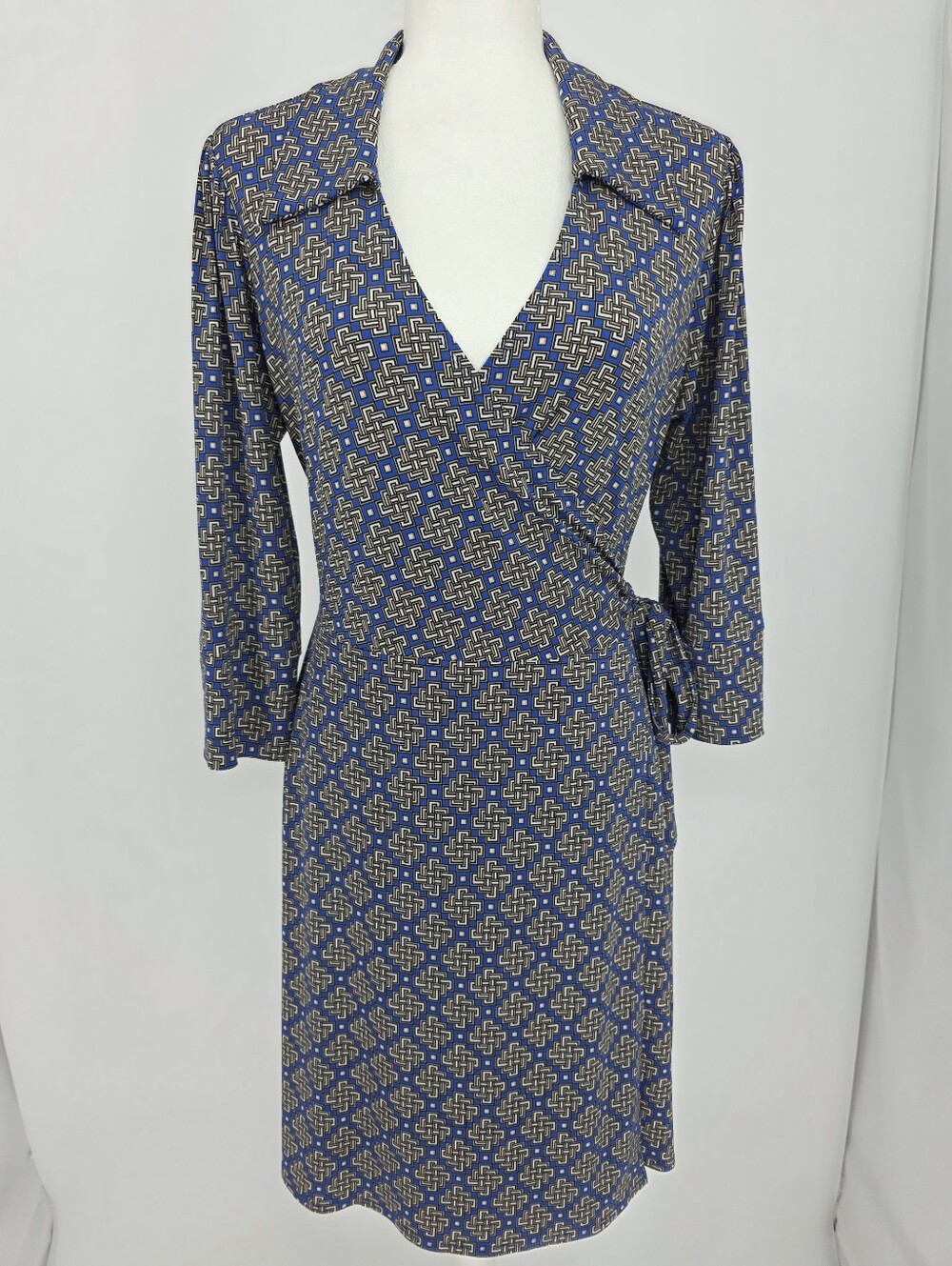 Laundry by Shelli Segal Blue Geometric Faux Wrap Dress Medium 3/4 Sleeve